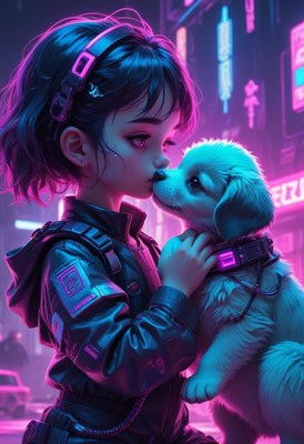 Cyberpunk girl kisses puppy