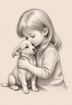 Girl kissing puppy pencil drawing