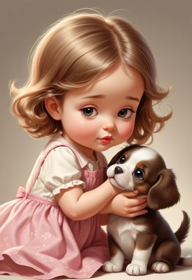 Little girl holding puppy