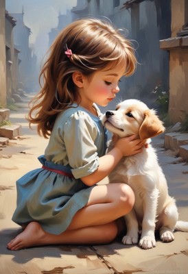 Girl and puppy in alleyway