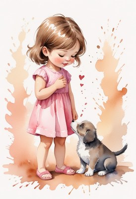 Girl and puppy watercolor illustration