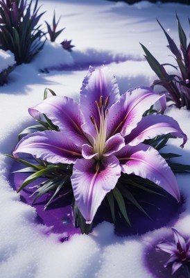 Purple lily in snow