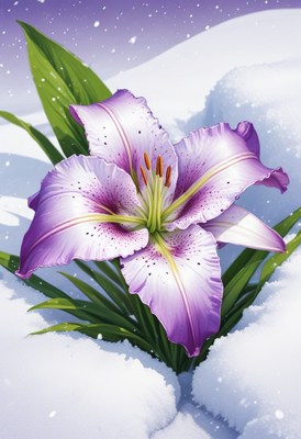 Purple lily in winter snow