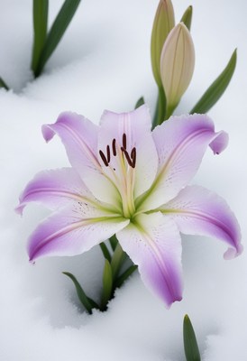 Purple lily blooming in snow