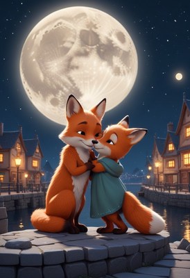 Foxes hugging under full moon