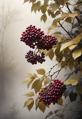 Red berries on branch in fog