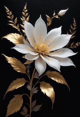 White flower with gold leaves