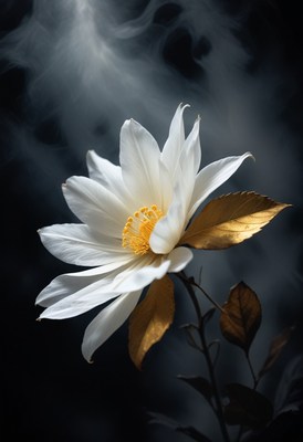 White flower with gold leaves