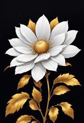 White flower with gold leaves on black background