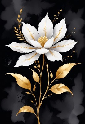 White flower with gold leaves on black background