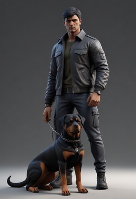 Man in leather jacket with rottweiler