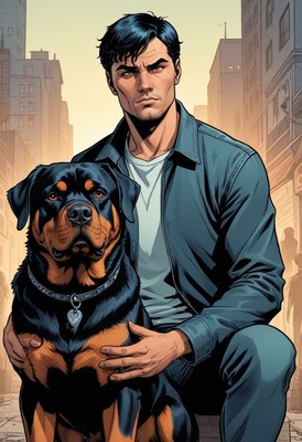 Man and rottweiler in city