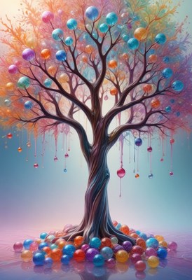 Colorful tree with dripping orbs