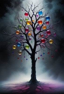 Bare tree with colorful ornaments