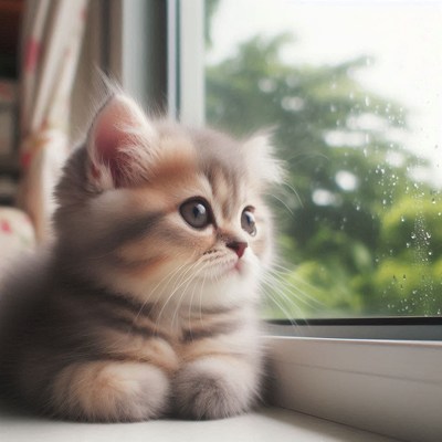 Kitten watching rain from window