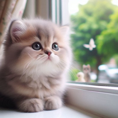 Fluffy kitten watches out the window