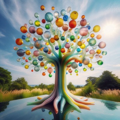 Colorful glass tree sculpture in garden