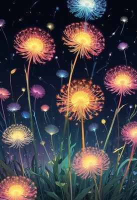 Glowing dandelions at night