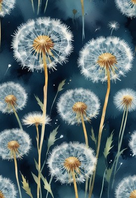 Watercolor dandelions on blue background