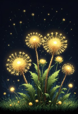 Glowing dandelions at night