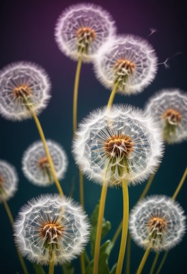 Dandelion seeds against blue background