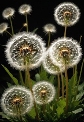 Dandelion seeds against dark background