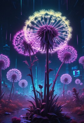 Glowing dandelions in a futuristic city