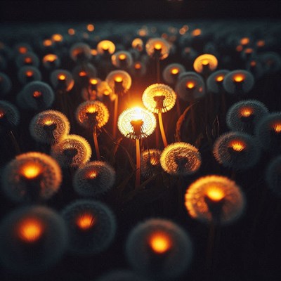 Dandelion field at night