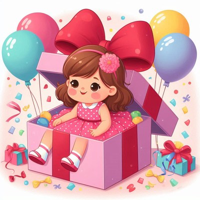 Girl in gift box with balloons
