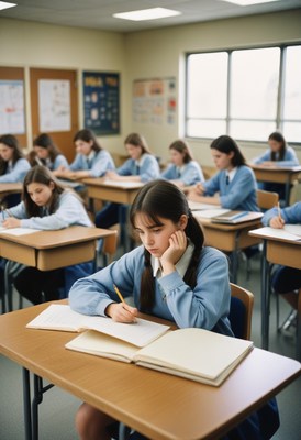 Girl writing in classroom during class