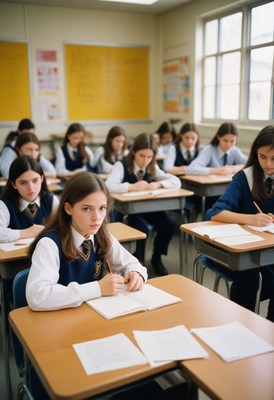 Students writing in a classroom