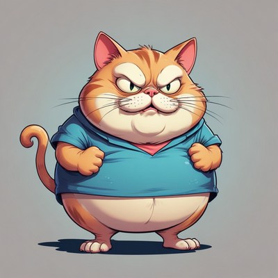 Angry orange cat wearing blue shirt