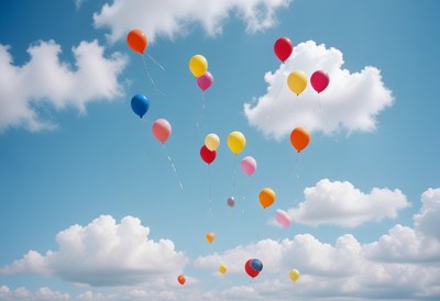 Colorful balloons drifting in a blue sky
