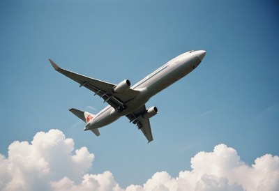 Airplane ascending through clouds