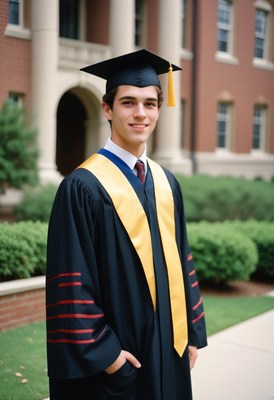 Graduate student smiling outside university
