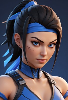 Female character with blue eyes and hair tie