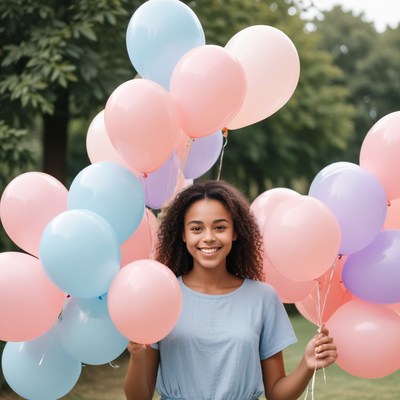 Girl holding balloons in park