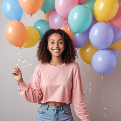 Woman holding balloons for birthday celebration