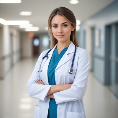 Female doctor in hospital hallway