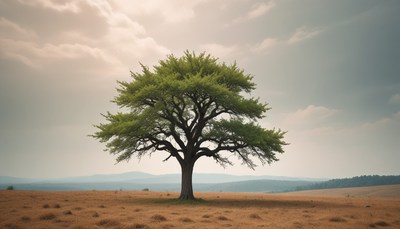 Single tree in field under cloudy sky