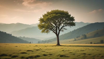 Tree in a field at sunset