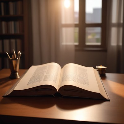Open book on wooden desk by window