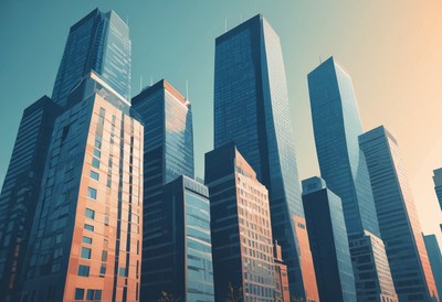 Skyscrapers in a city at dawn