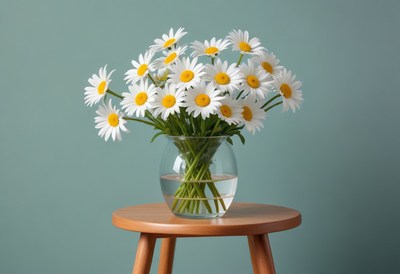 Daisy bouquet on a wooden stool