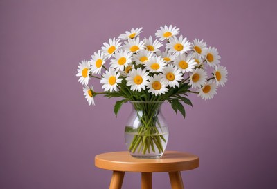 Daisy bouquet on wooden stool