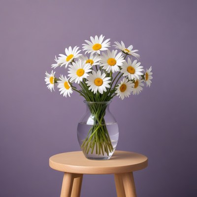 Daisies in vase on stool