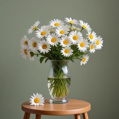 Daisies in a vase on a wooden table