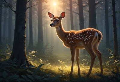 Fawn in a sunlit forest
