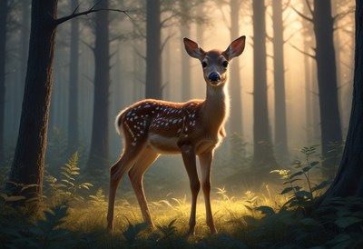 Fawn in a forest clearing at sunset