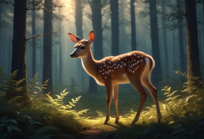 Fawn in a forest clearing